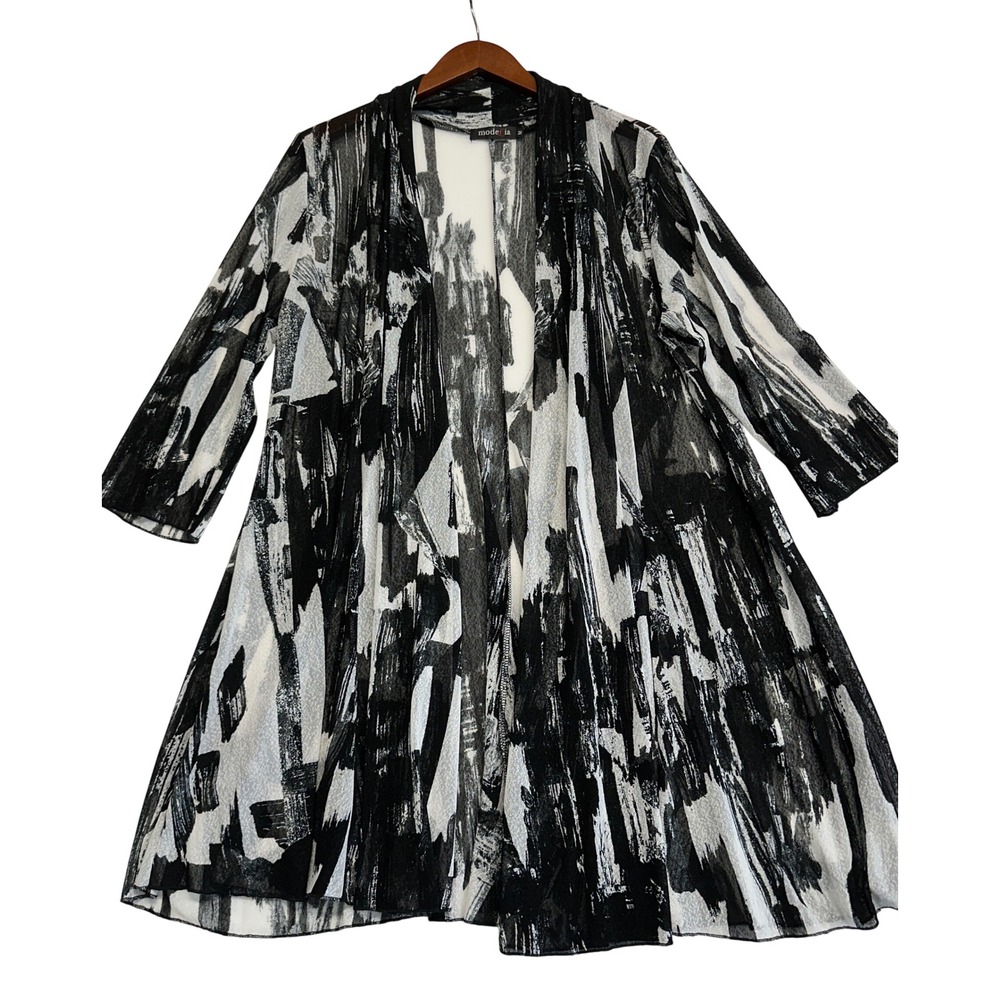 Modelia Womens Abstract Sheer Mesh Open Front Cardigan Duster Black White M